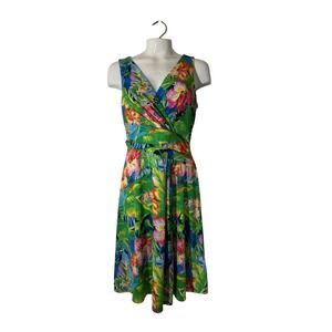 Ralph Lauren Y2K Resort Tropical Floral Ruched V-Neck‎ Sleeveless Dress Size S